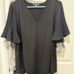Adrianna Papell Black V-Neck Blouse with Pleated Sleeves